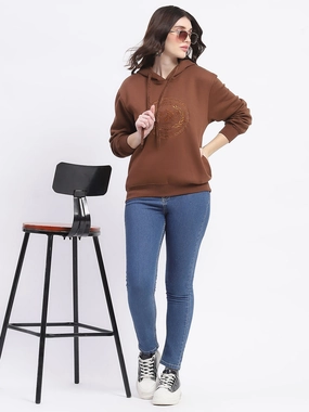 Lounge Fit Madame Fleece Embroidered Closed Brown Hooded Sweatshirt