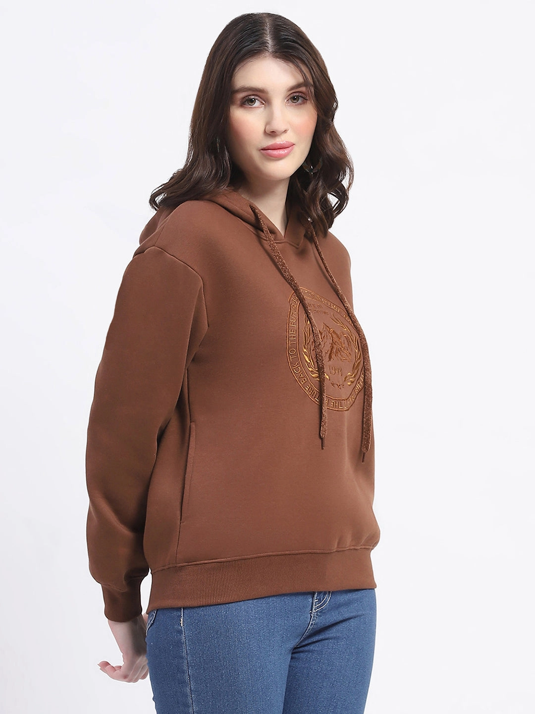 Madame Fleece Embroidered Closed Brown Hooded Sweatshirt Cozy Fashion