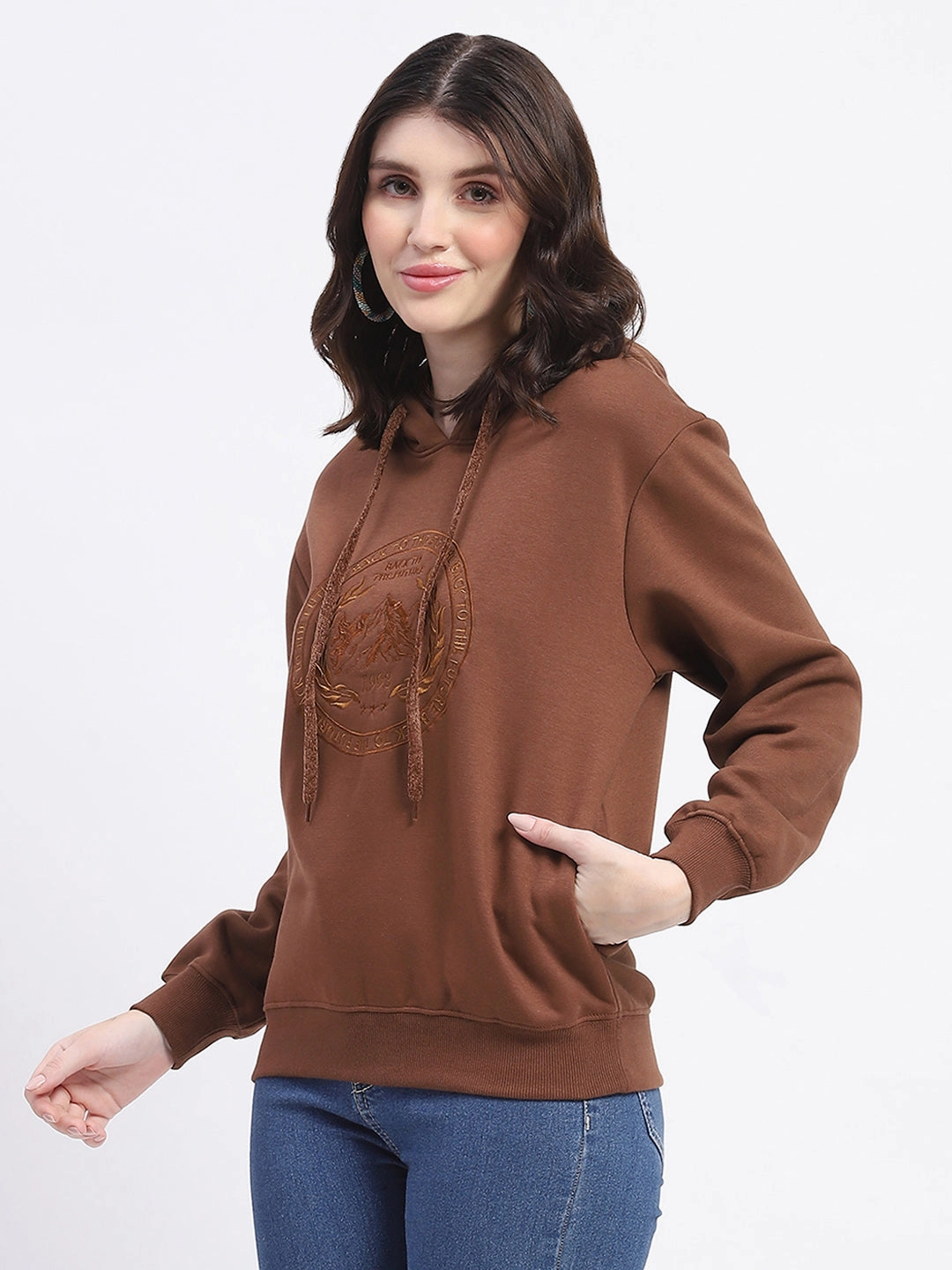 Madame Fleece Embroidered Closed Brown Hooded Sweatshirt Active Wearable anti wrinkling