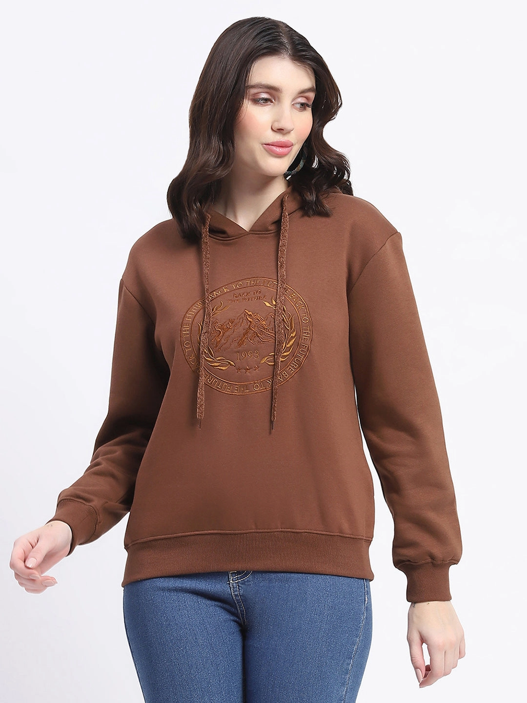 Madame Fleece Embroidered Closed Brown Hooded Sweatshirt Cold Protection
