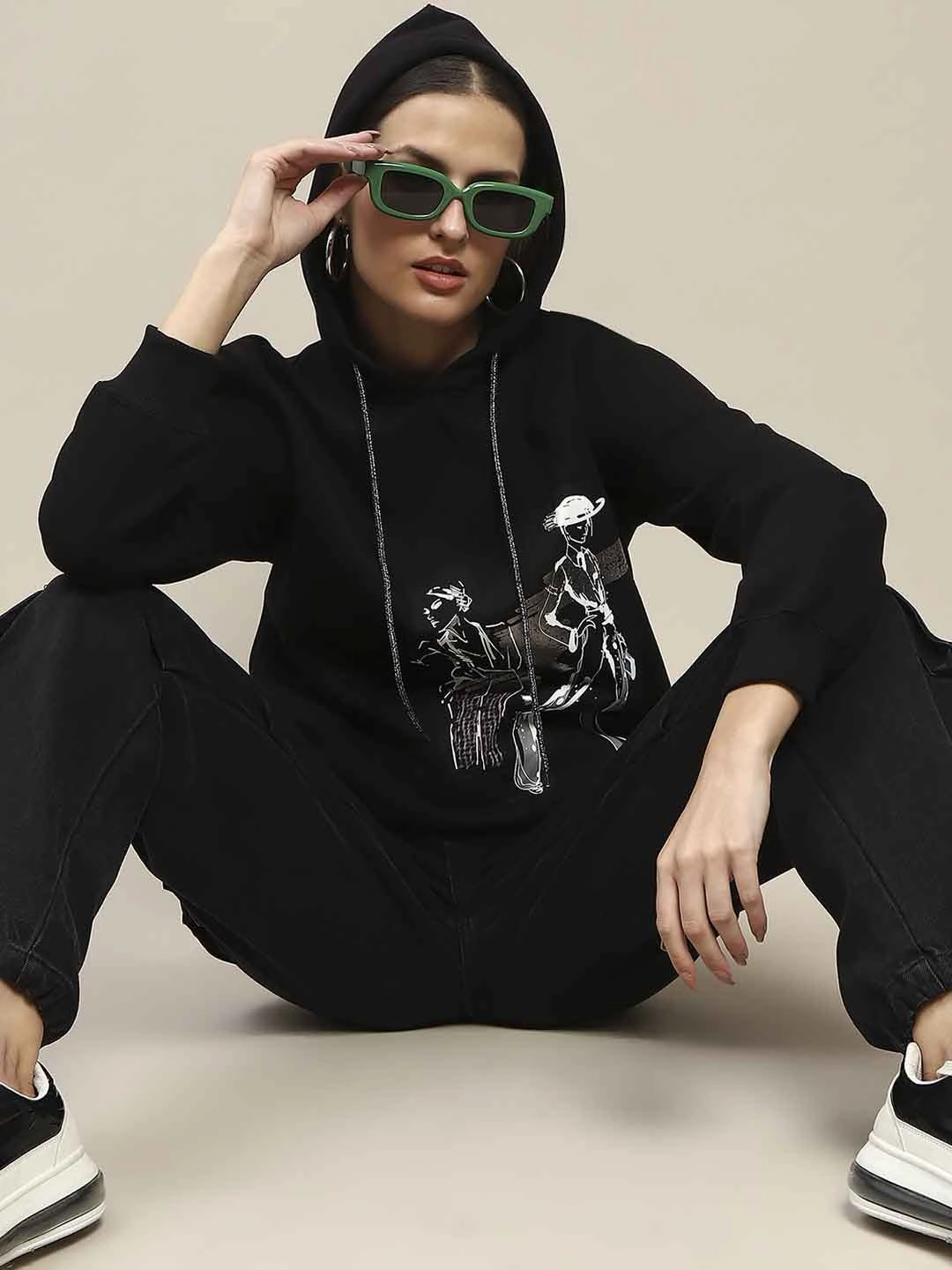 Madame Fleece Placement Print Black Hooded Sweatshirt Cozy Design Timeless Relaxed