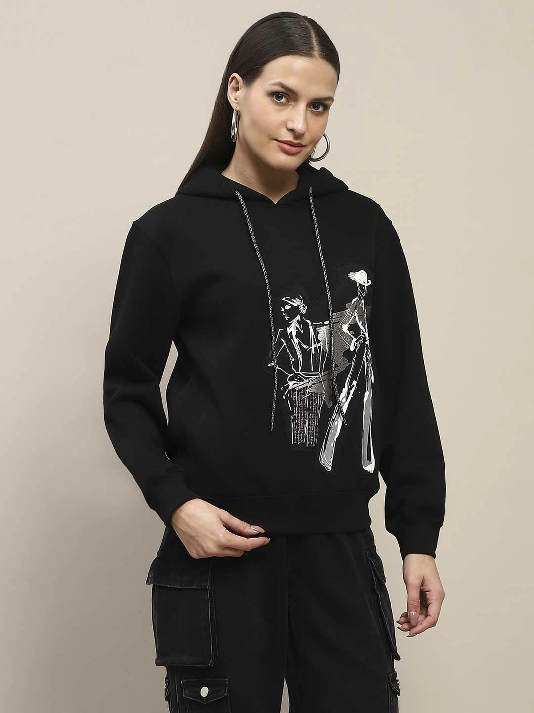 Madame Fleece Placement Print Black Hooded Sweatshirt Core Comfort