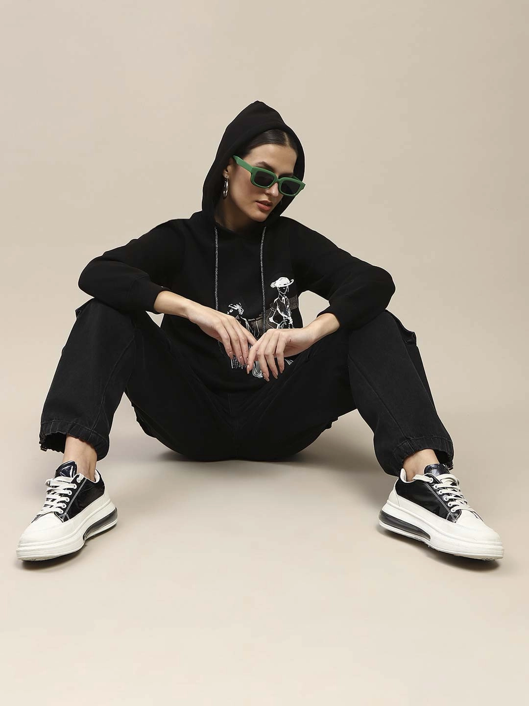 Madame Fleece Placement Print Black Hooded Sweatshirt Warm Look absorbent