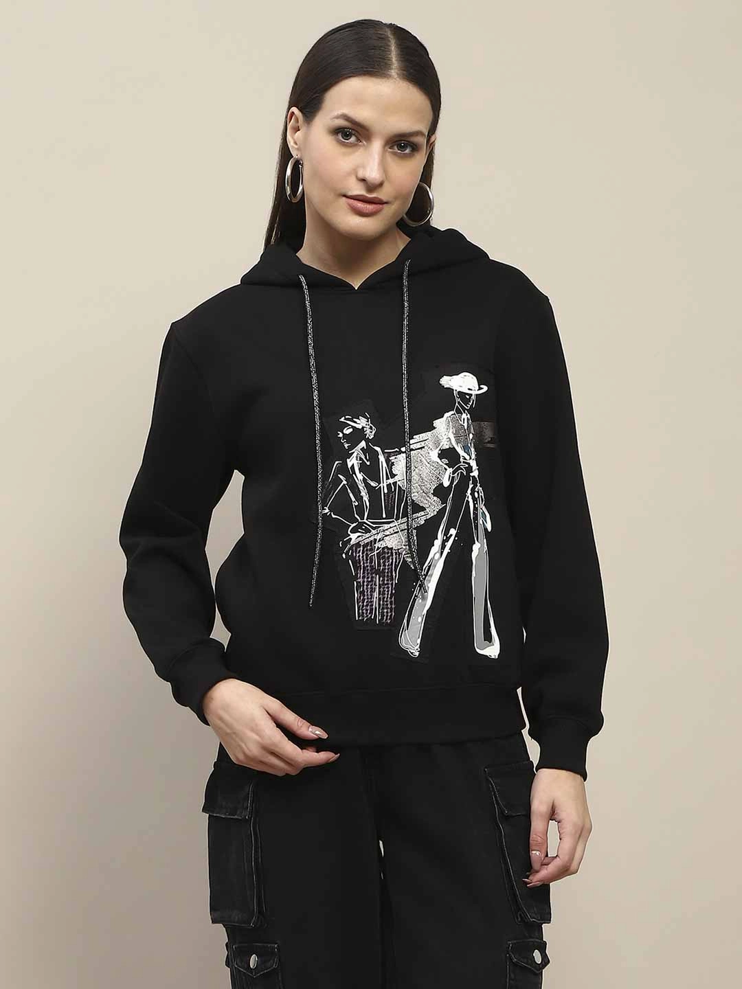 Timeless Chic Madame Fleece Placement Print Black Hooded Sweatshirt