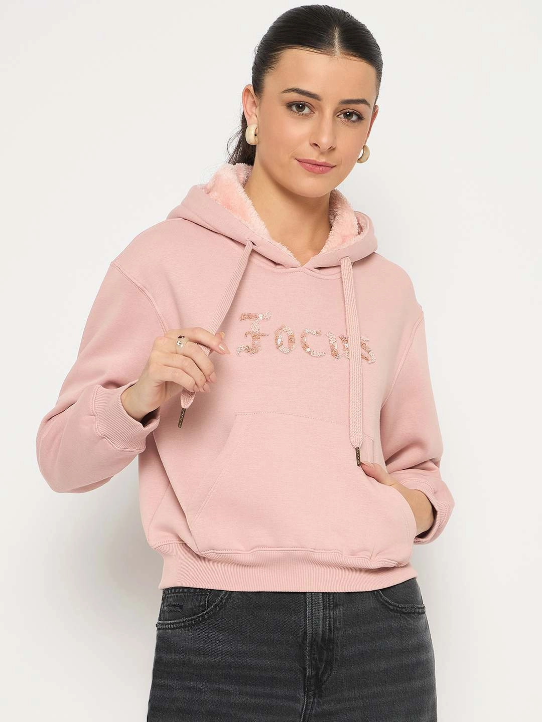 Madame Fleece Placement Printed Handwork Detailed Dusty Pink Sweatshirt Daily Bold