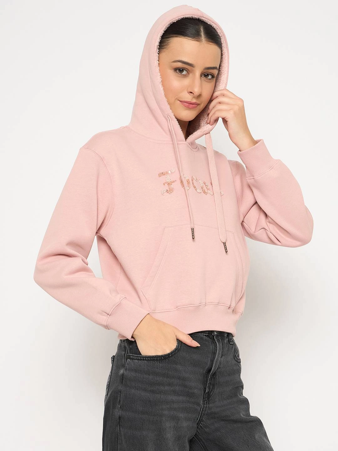 Madame Fleece Placement Printed Handwork Detailed Dusty Pink Sweatshirt Casual Vibe