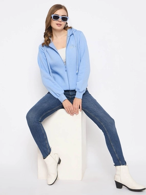 Madame Fleece Placement Printed Zipped Powder Blue Hooded Sweatshirt Gym Essential Comfy Streetwear