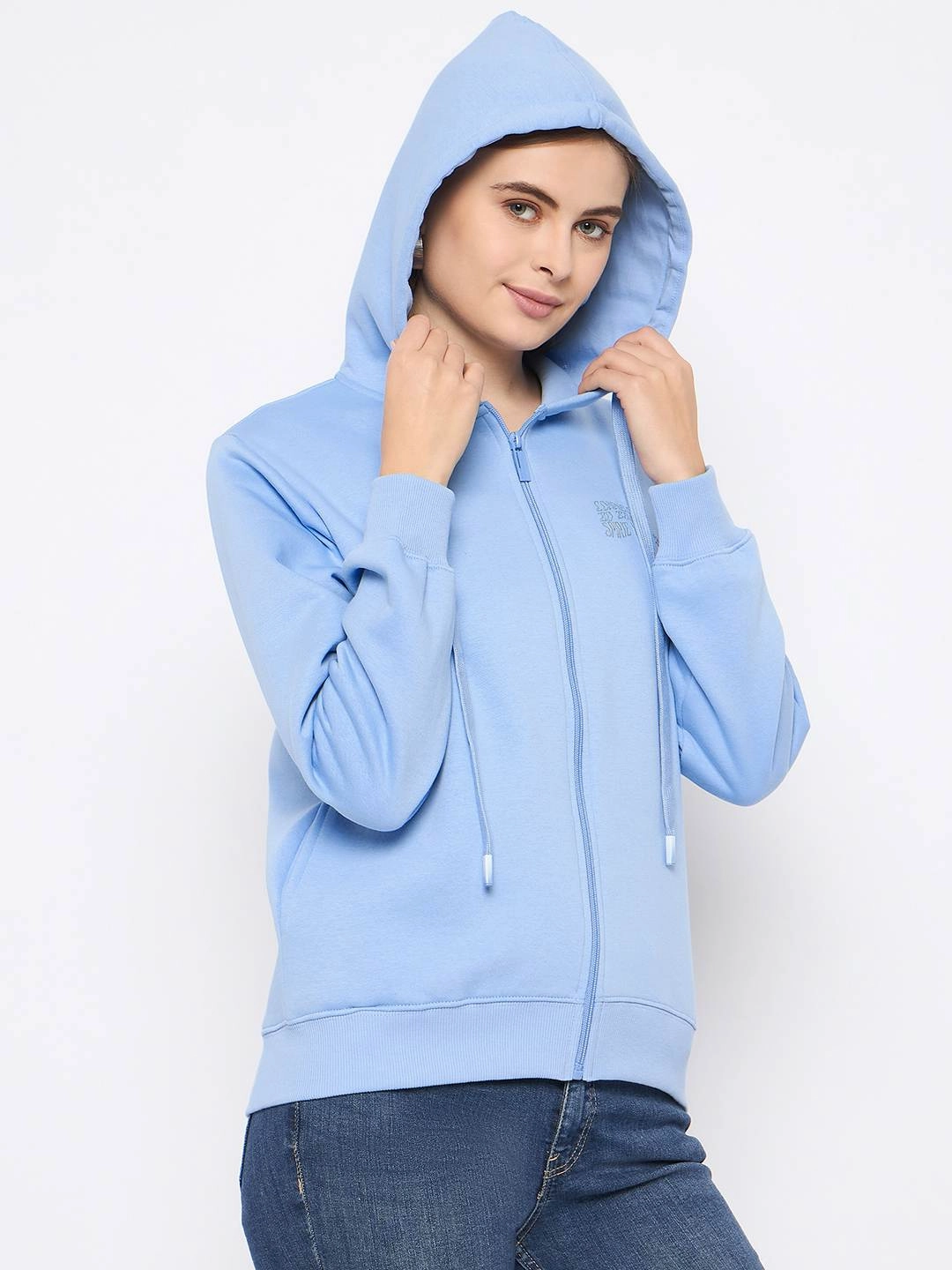 Pullover Abstract print Madame Fleece Placement Printed Zipped Powder Blue Hooded Sweatshirt