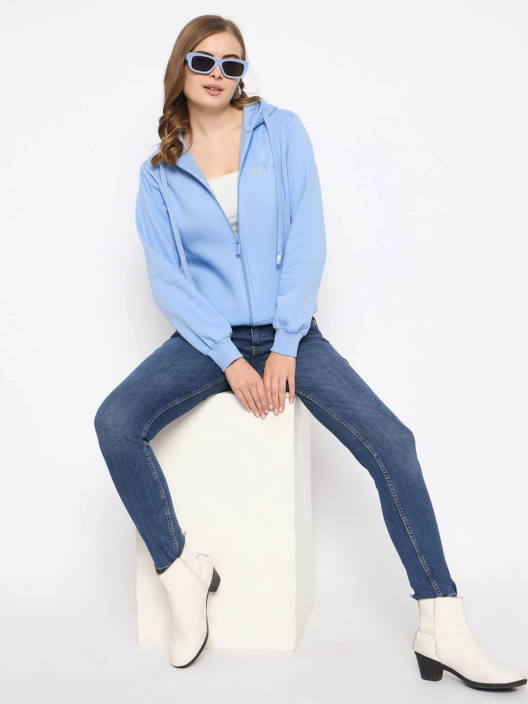 Madame Fleece Placement Printed Zipped Powder Blue Hooded Sweatshirt Gym Essential Comfy Streetwear