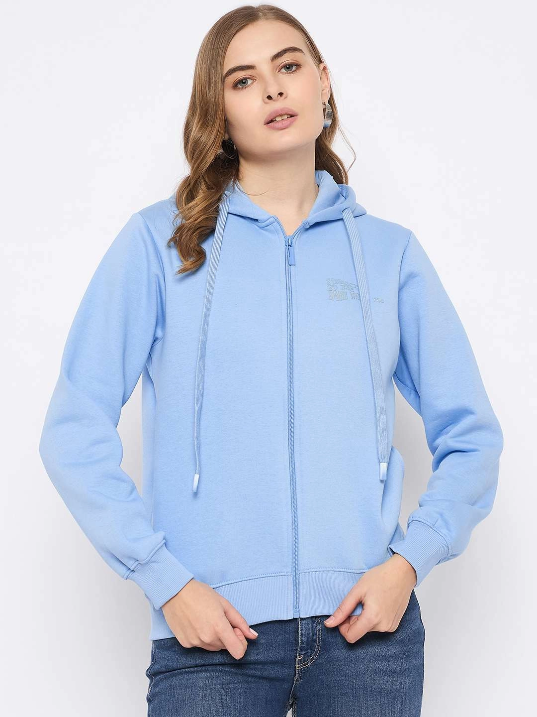 Madame Fleece Placement Printed Zipped Powder Blue Hooded Sweatshirt Trendy Comfort Cozy Style