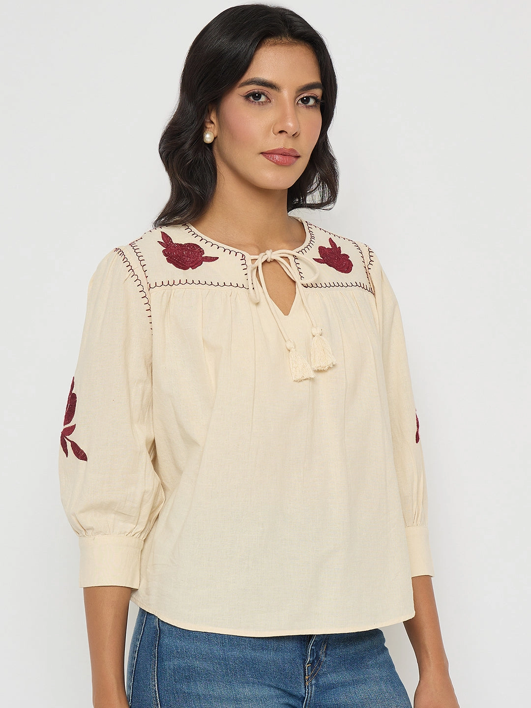 UniversalFit VNeckline Madame Floral Embroidered Tie Neck Beige Top