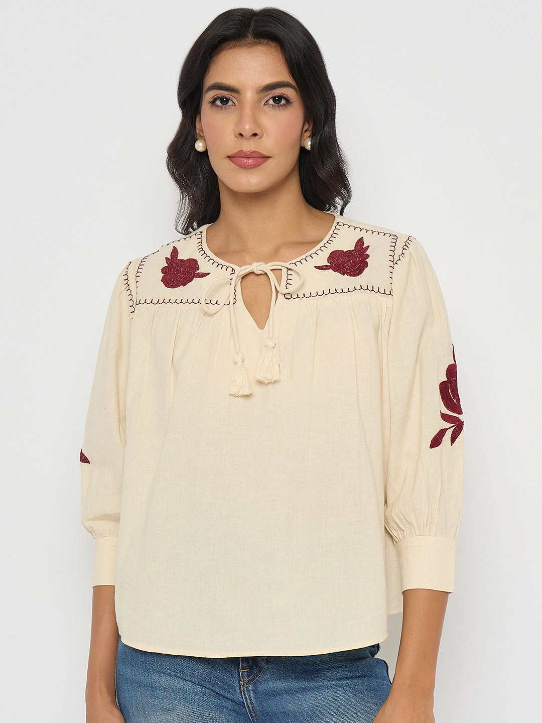 Madame Floral Embroidered Tie Neck Beige Top EasyCareMaterial SeamlessConstruction