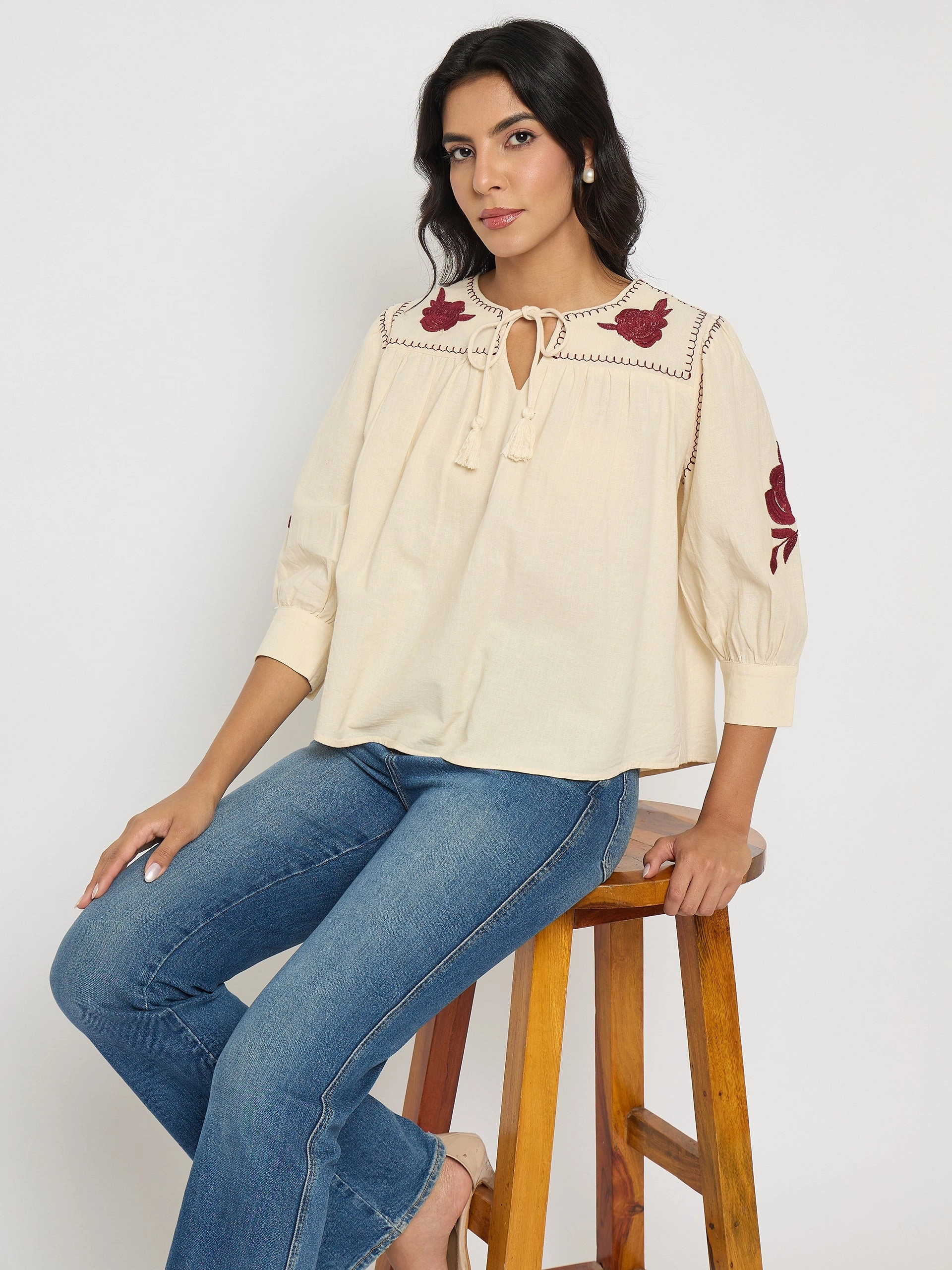 Madame Floral Embroidered Tie Neck Beige Top Ethically Sourced Yarn