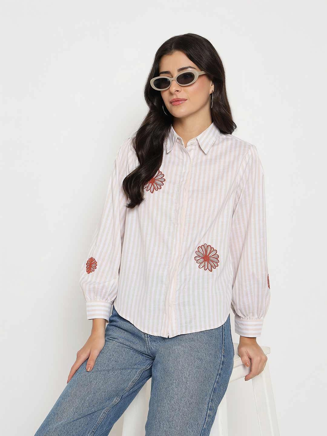 All-Weather Ready Roll-Up Sleeve Madame Floral Embroidery Beige Striped Shirt