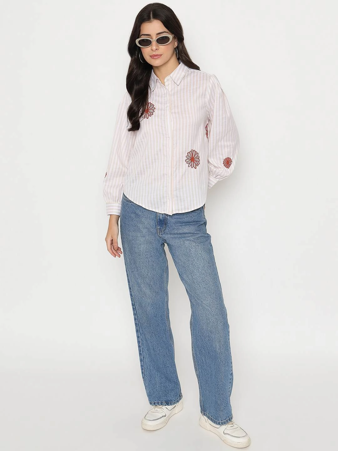 Chill Wear Madame Floral Embroidery Beige Striped Shirt