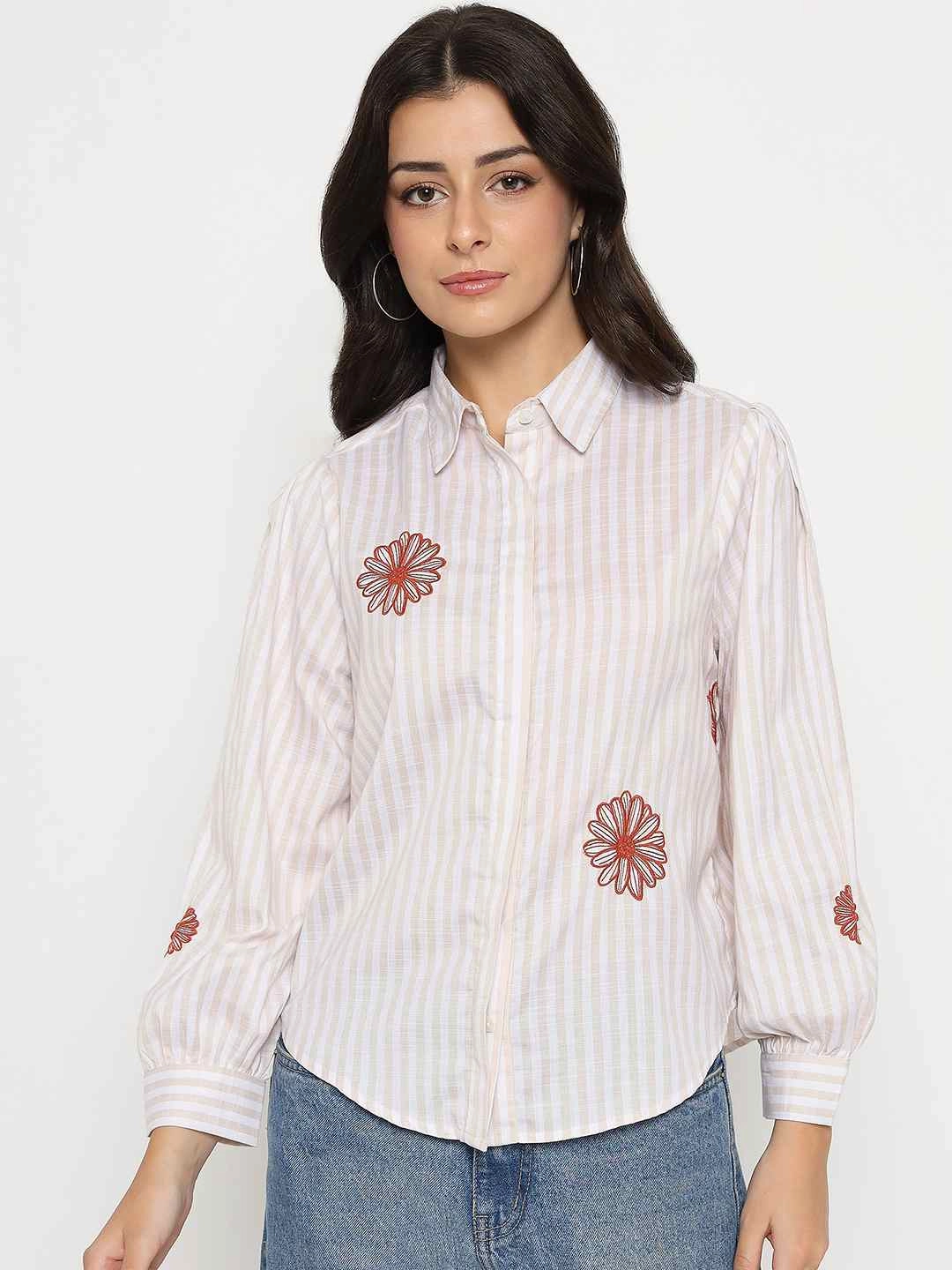 Madame Floral Embroidery Beige Striped Shirt Urban Comfort Neutral Toned Stitching