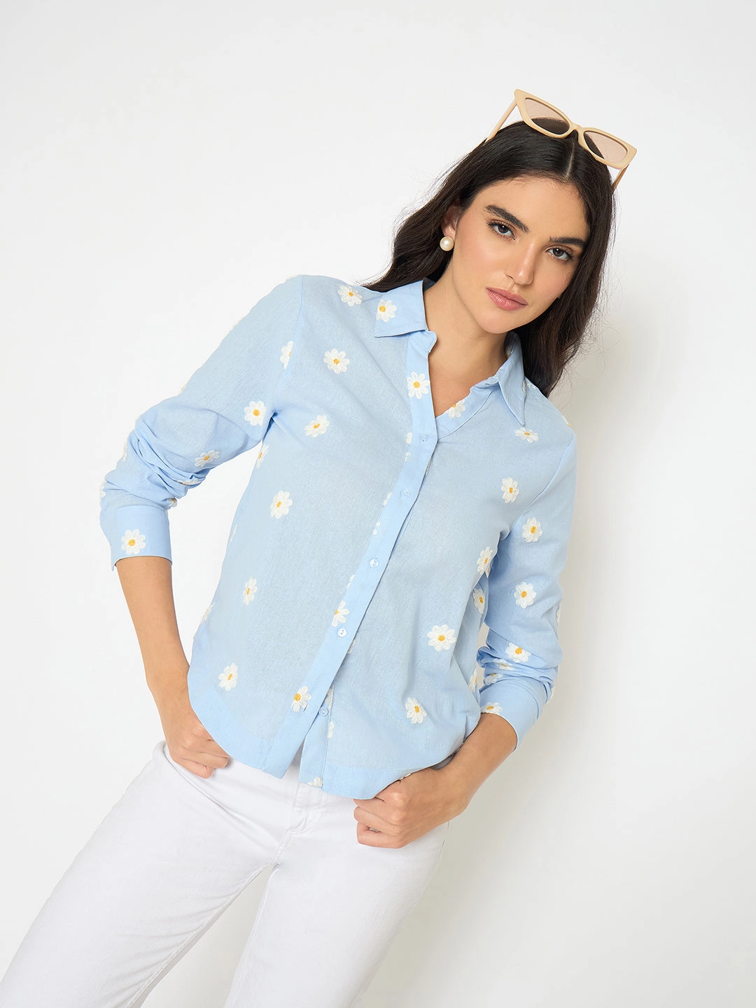 Ultra Soft Interior Madame Floral Embroidery Blue Cotton Shirt