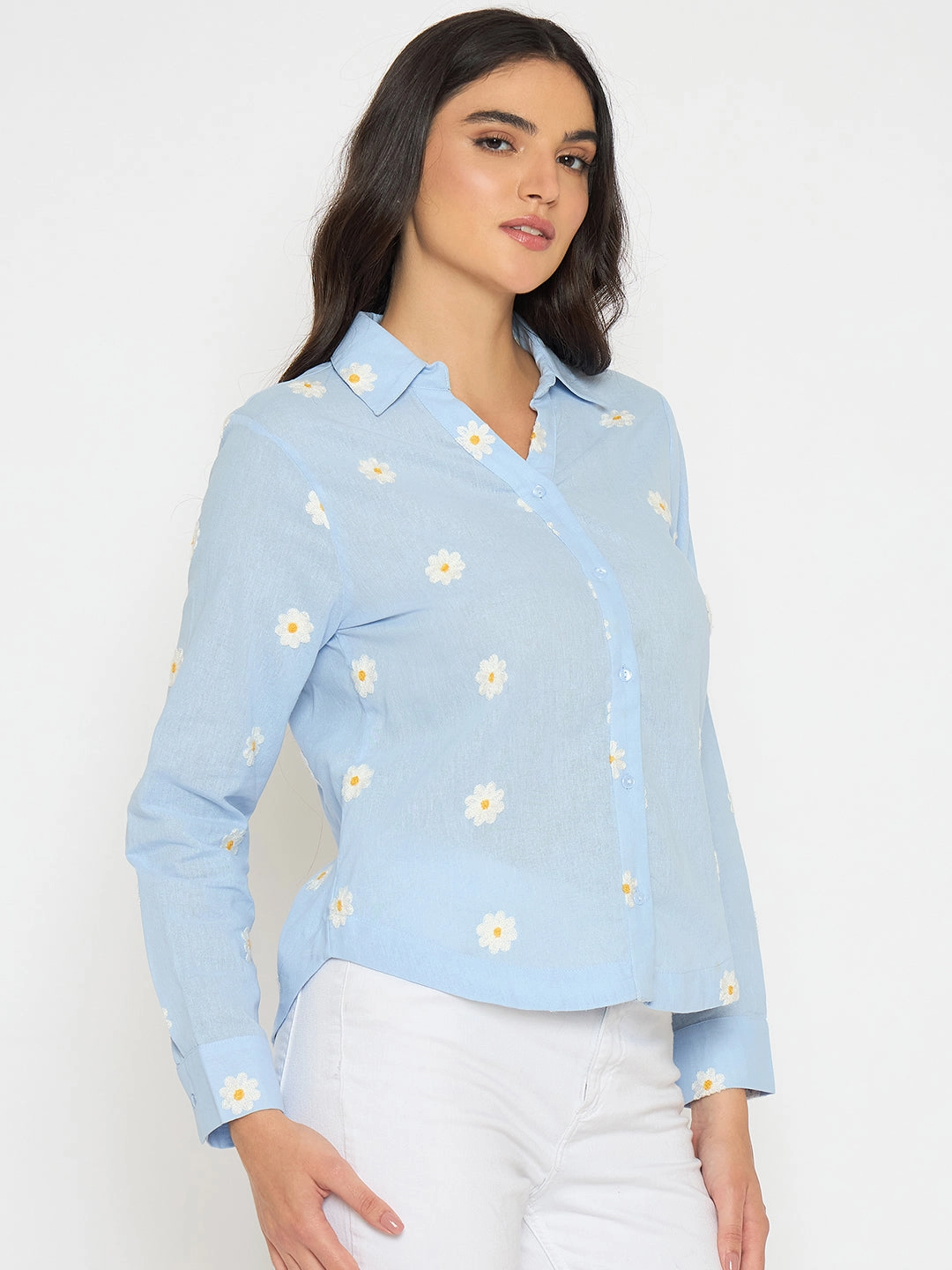 Madame Floral Embroidery Blue Cotton Shirt Holiday Travel