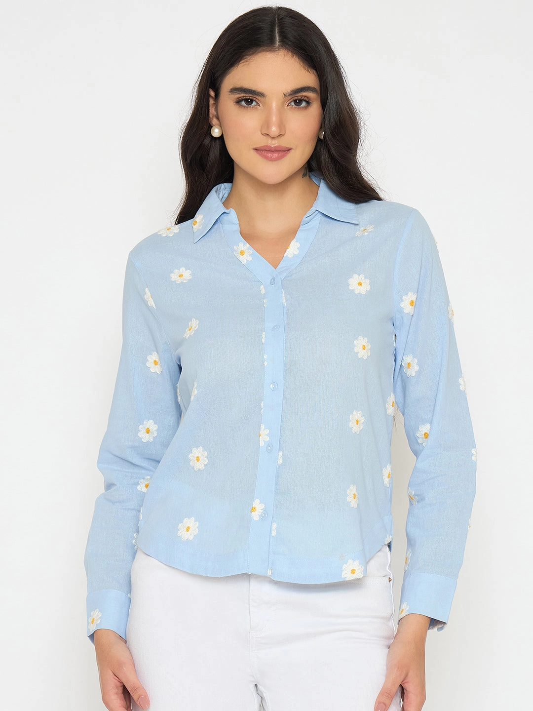 Madame Floral Embroidery Blue Cotton Shirt Holiday Travel Seasonal Essential