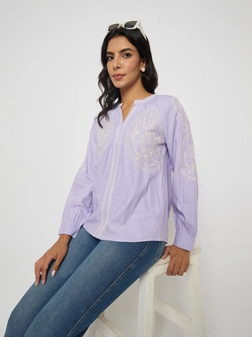 Airflow Weave Pattern Madame Floral Embroidery Lilac Viscose Blend Top