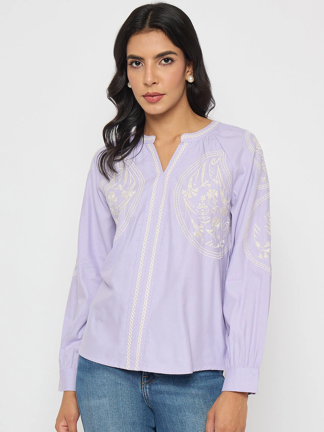 Thermoregulating Fabric Madame Floral Embroidery Lilac Viscose Blend Top