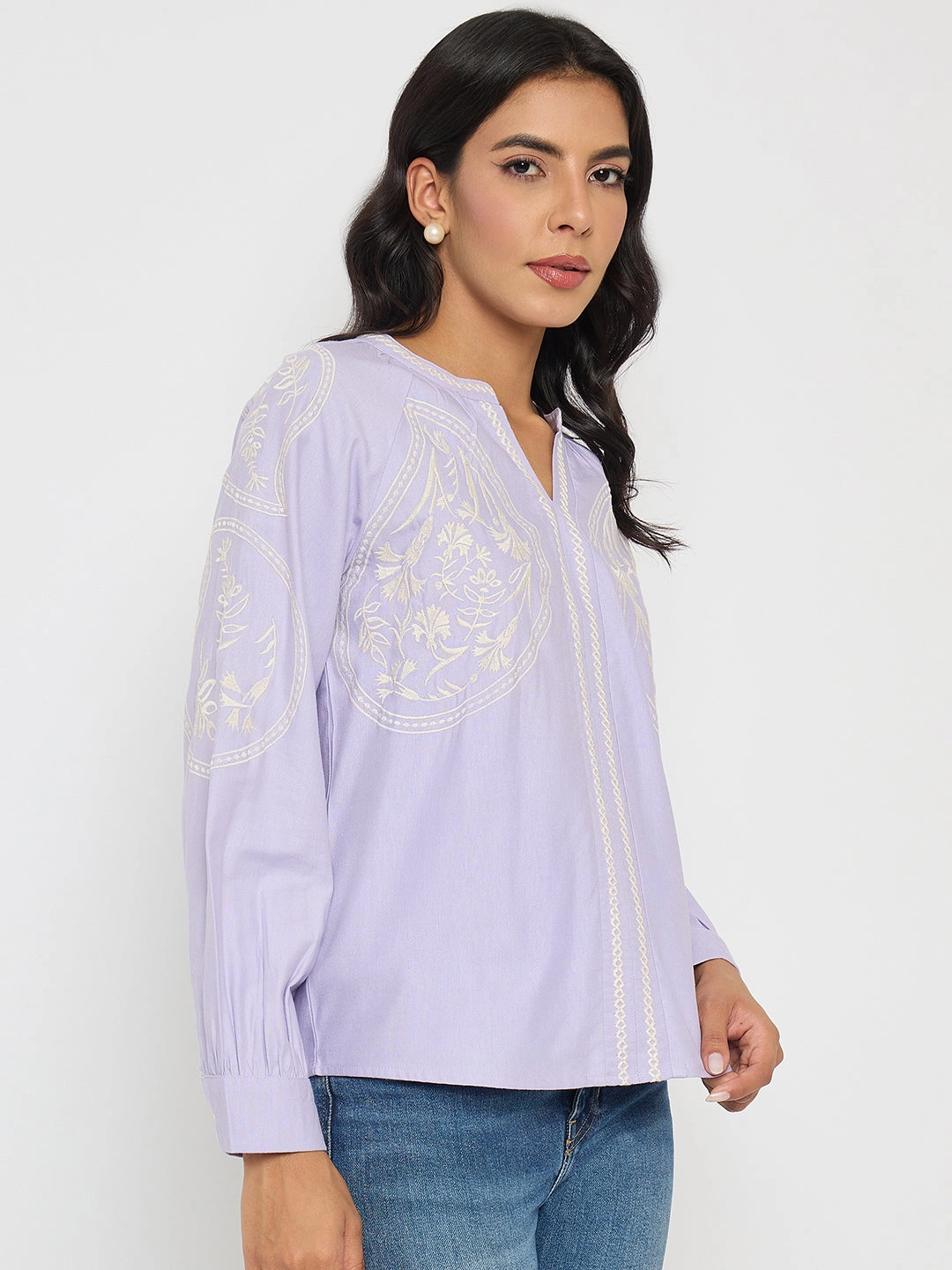 Madame Floral Embroidery Lilac Viscose Blend Top SlimFitAdaptation