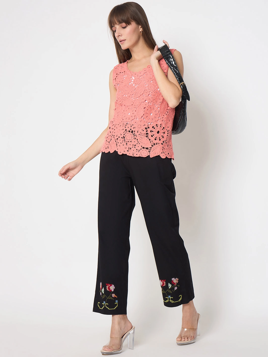 Madame Floral Embroidery Wide Leg Black Cotton Trousers Tagless Design