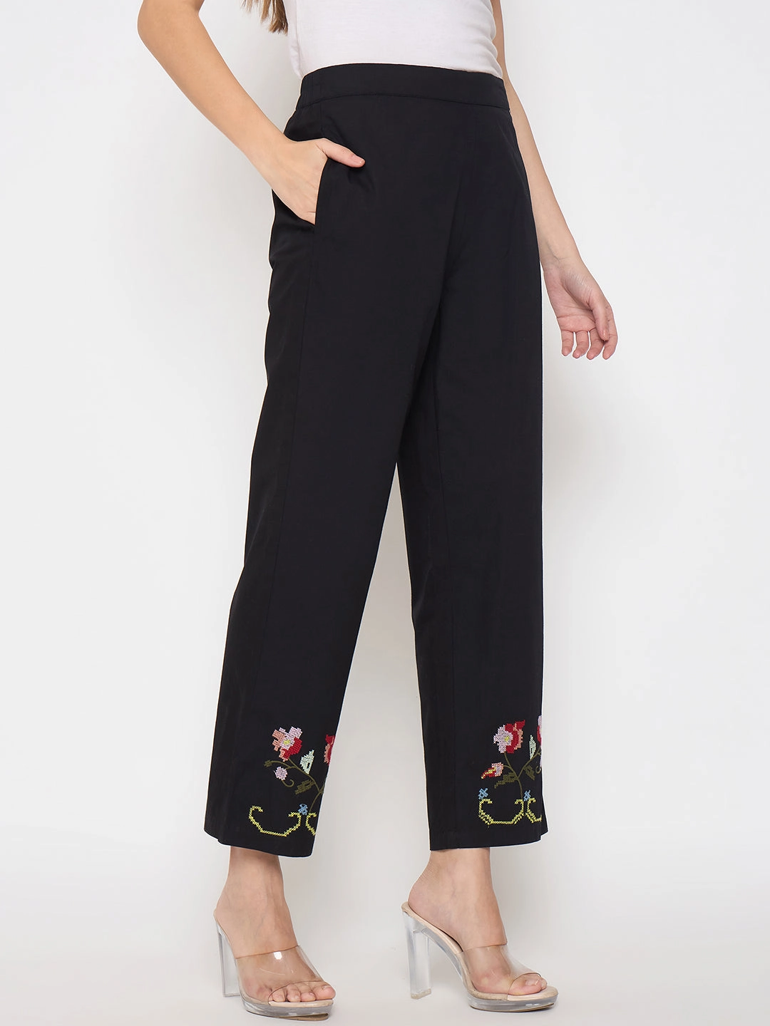 Casual Flex Madame Floral Embroidery Wide Leg Black Cotton Trousers