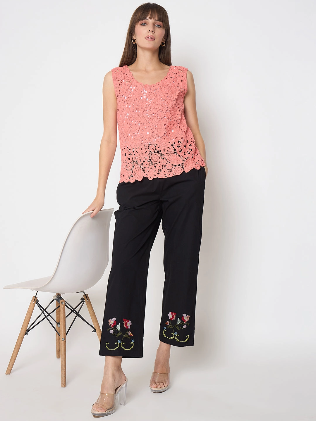 Madame Floral Embroidery Wide Leg Black Cotton Trousers Base Layer