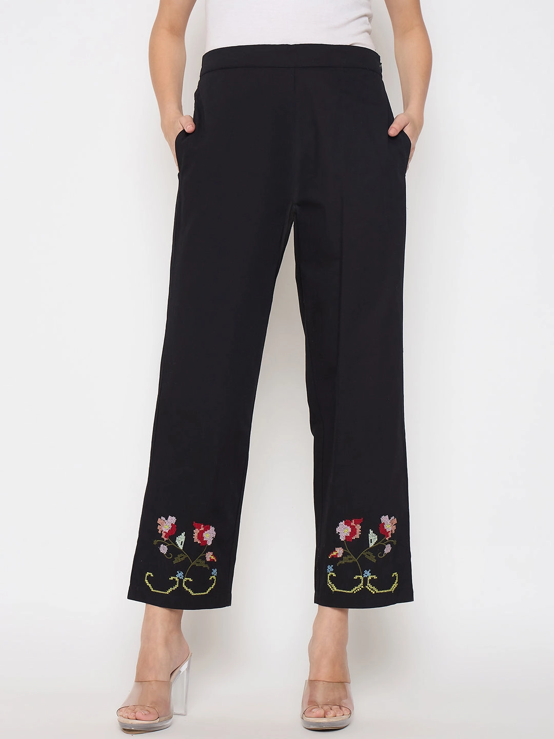 Stretch Support Madame Floral Embroidery Wide Leg Black Cotton Trousers