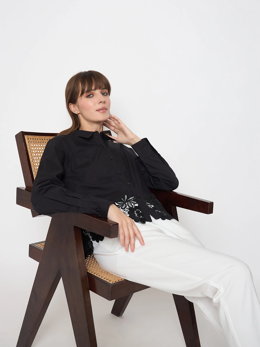 Madame Floral Lace Scalloped Hem Black Shirt Roomy Cut