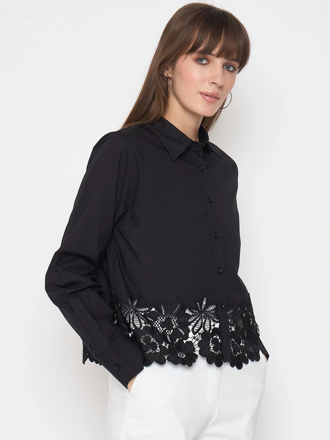 Madame Floral Lace Scalloped Hem Black Shirt Street Wear Polo Style