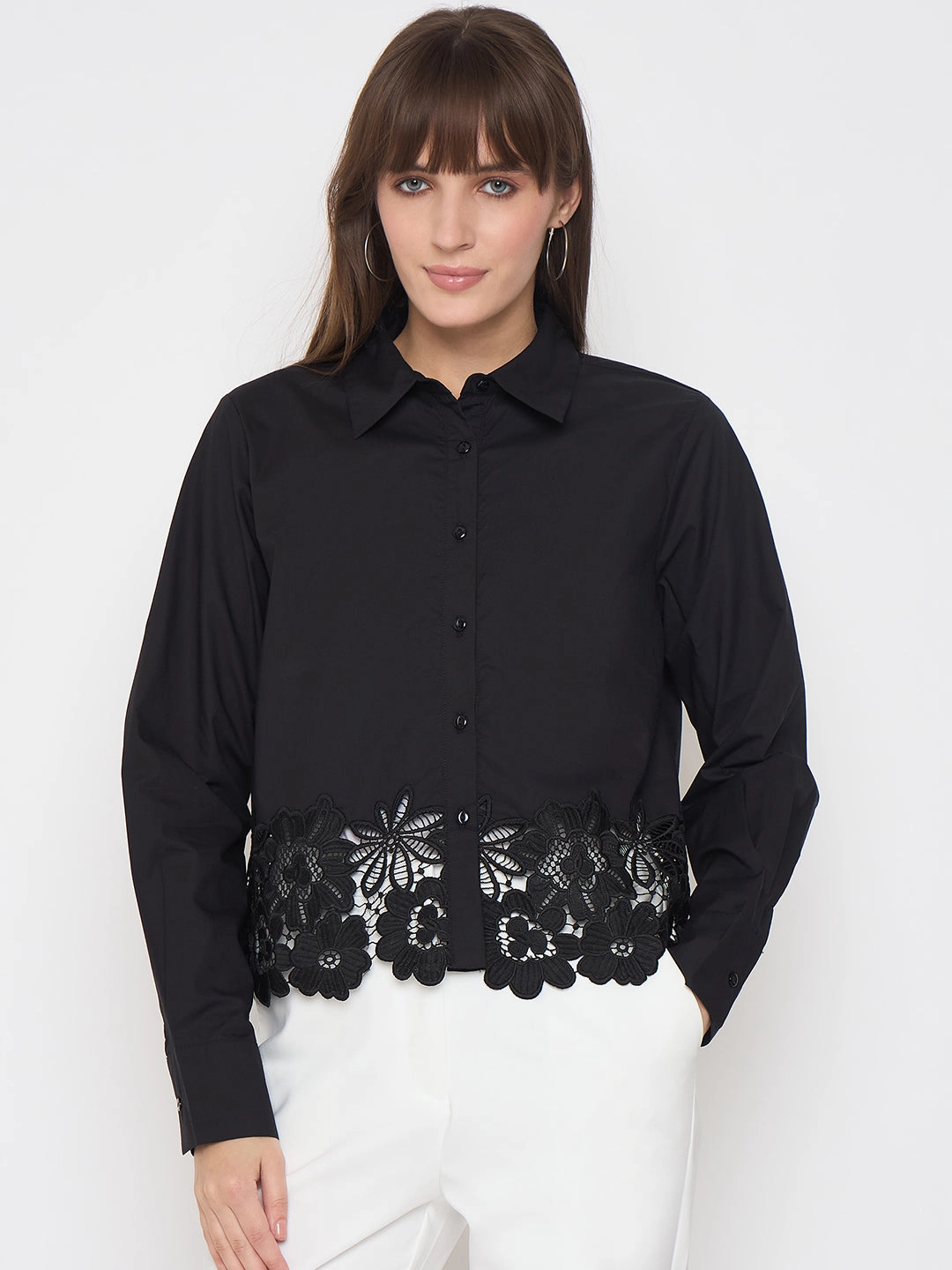 Lace Accent Madame Floral Lace Scalloped Hem Black Shirt