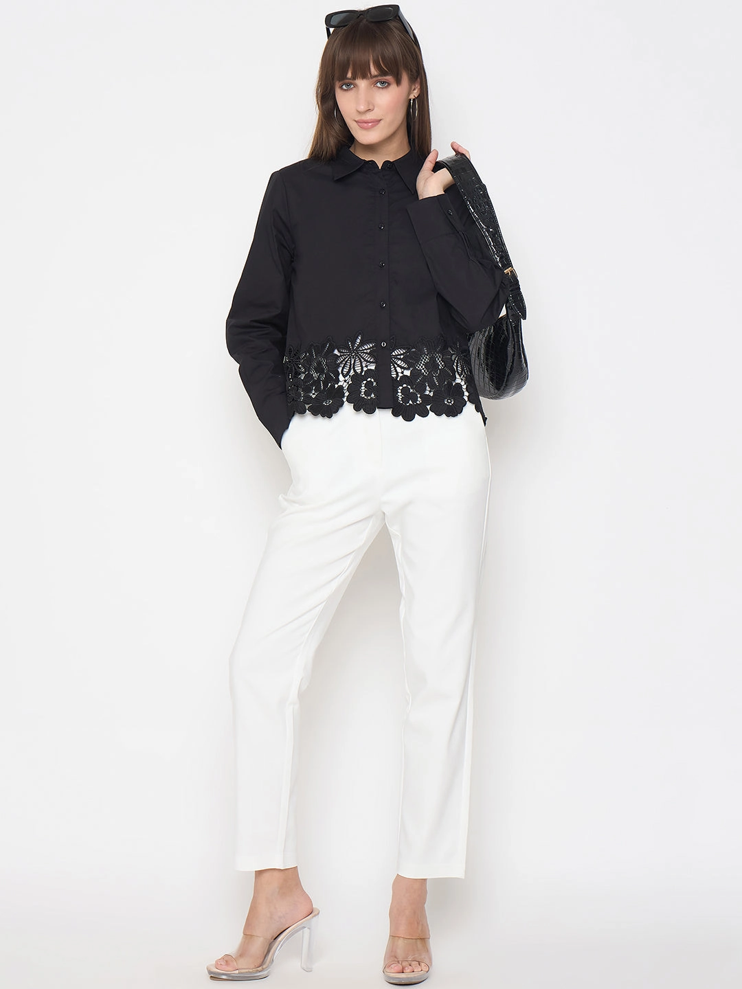 Madame Floral Lace Scalloped Hem Black Shirt Ultra Soft Interior Social Meetup