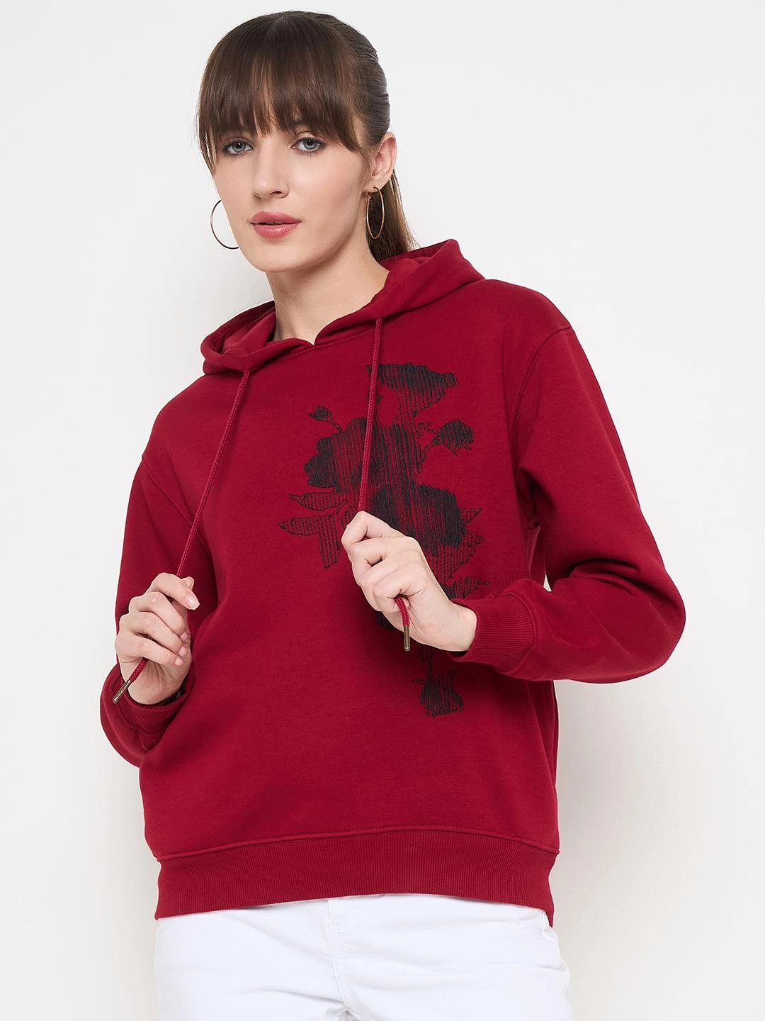 color fast product surfing suitable balance Madame Floral Print Adorned Cotton Blend Red Sweatshirt