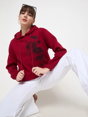 Daily Use Embroidered Detail Madame Floral Print Adorned Cotton Blend Red Sweatshirt