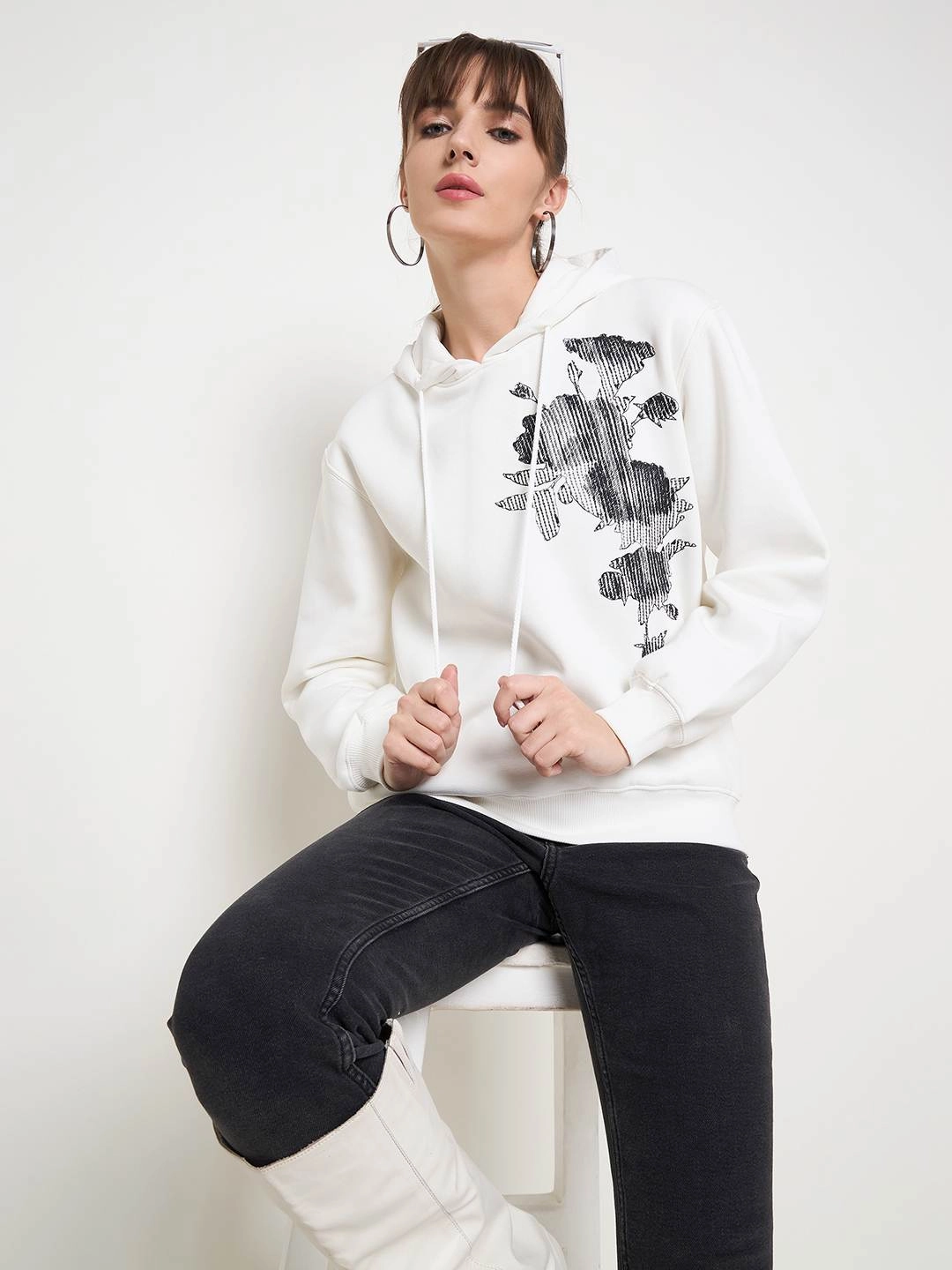 Madame Floral Print Adorned Cotton Blend White Sweatshirt Athletic Wear
