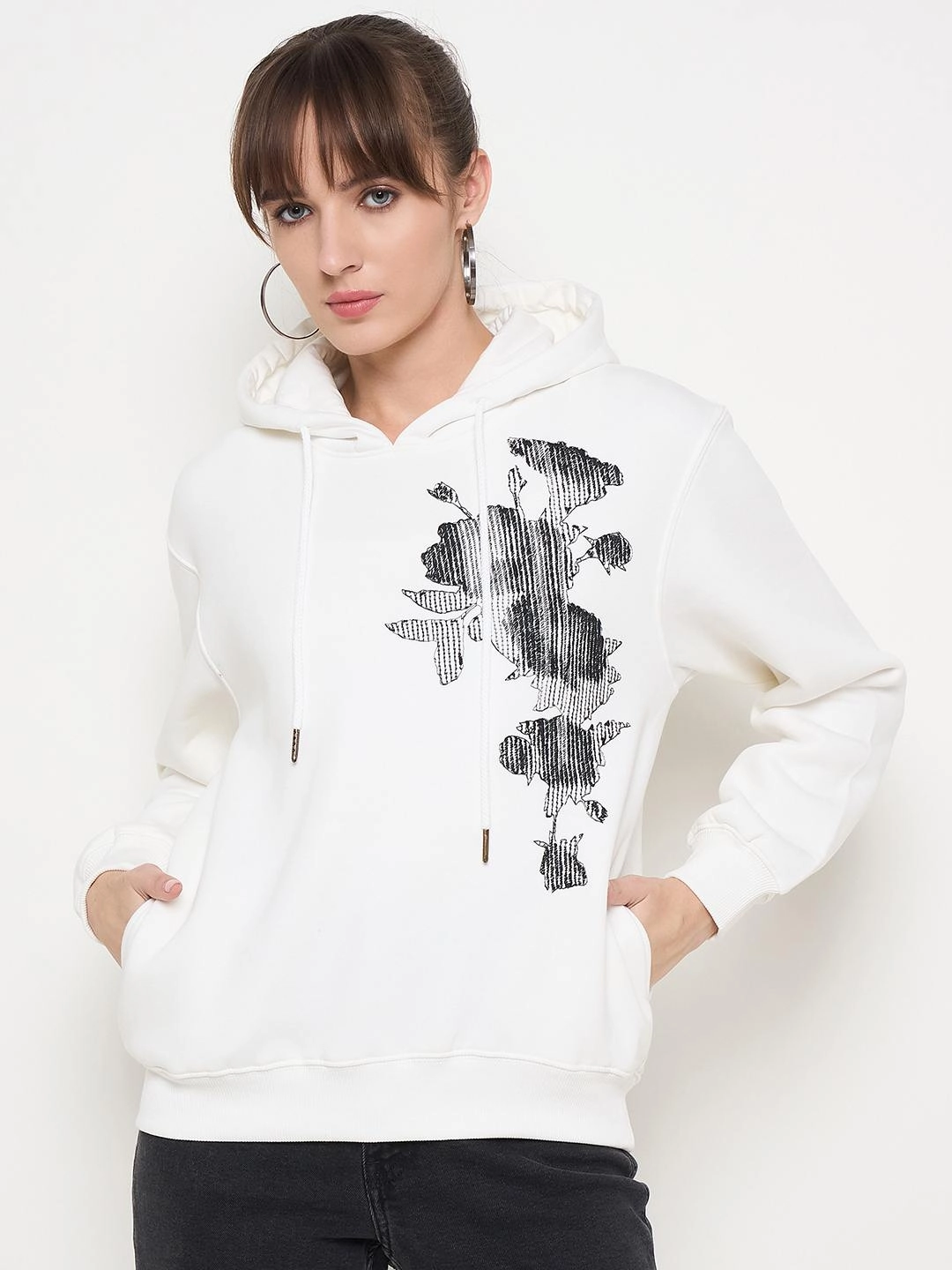 Madame Floral Print Adorned Cotton Blend White Sweatshirt Cold-Weather Wear