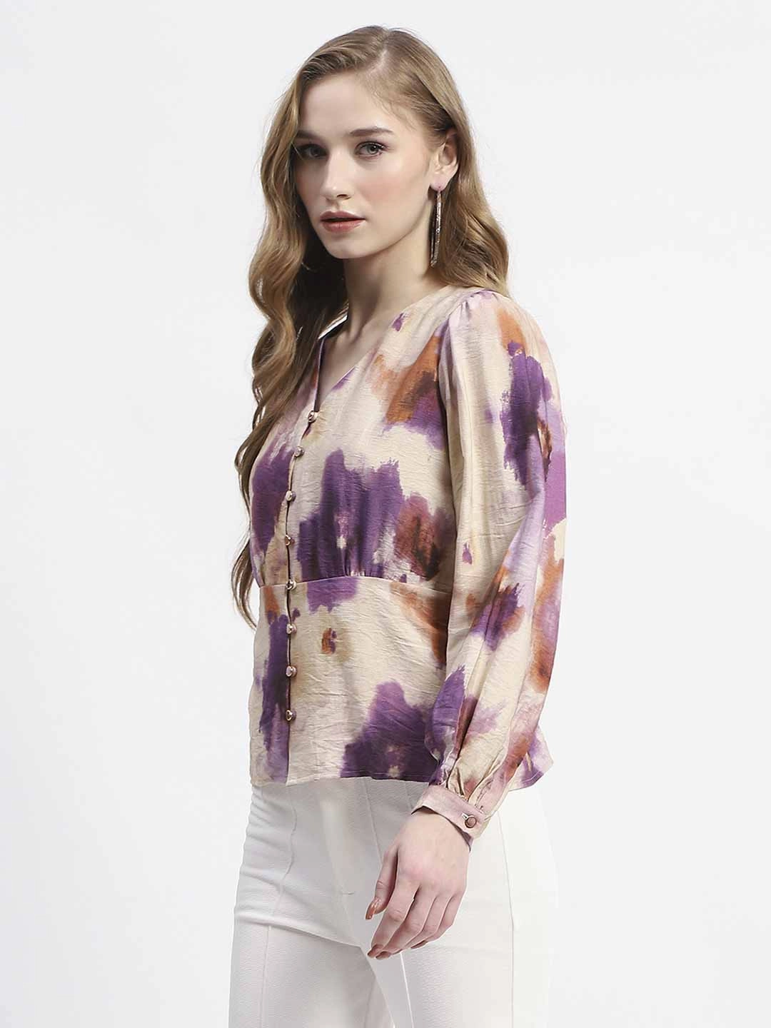 QuickDryConstruction Madame Floral Print Button-Up Nylon Blend Top