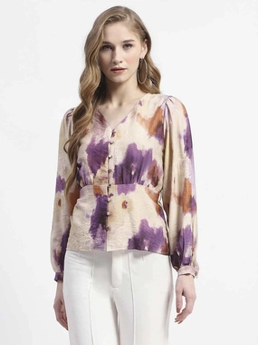 Madame Floral Print Button-Up Nylon Blend Top Loose Tee Sun Protection Fabric