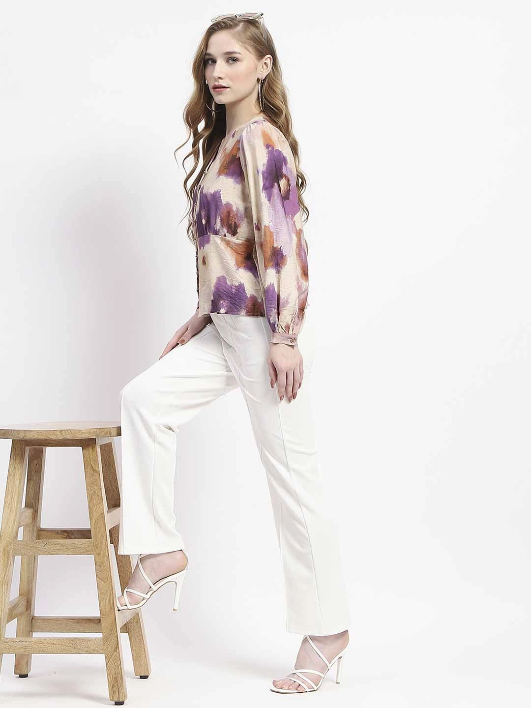 Madame Floral Print Button-Up Nylon Blend Top AdjustableCuffSystem Interlock Weave