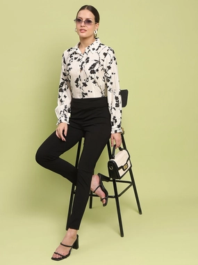 Versatile Fit Madame Floral Print Buttoned Front Collared Off White Shirt