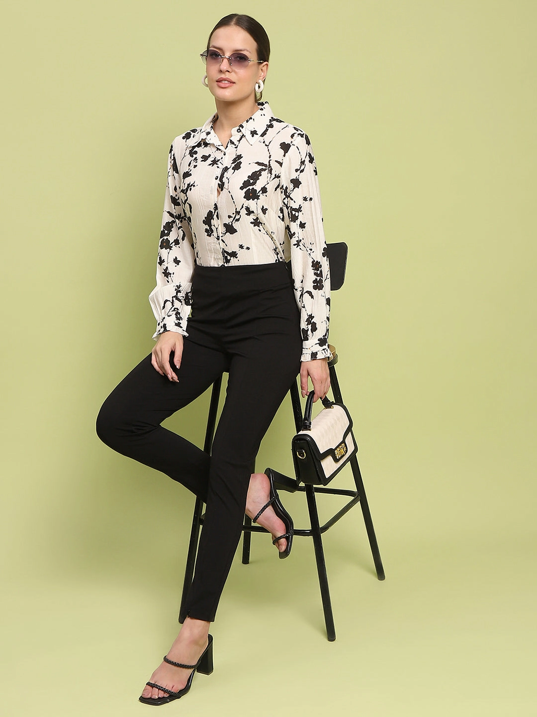 Versatile Fit Madame Floral Print Buttoned Front Collared Off White Shirt