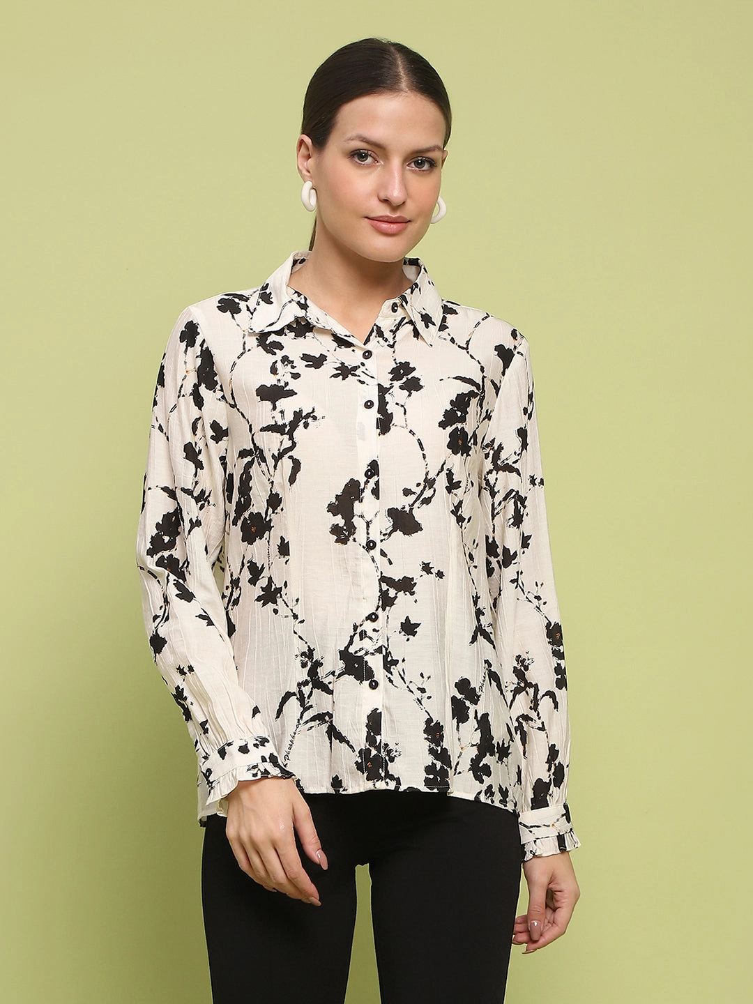 Madame Floral Print Buttoned Front Collared Off White Shirt Wrinkle-Free