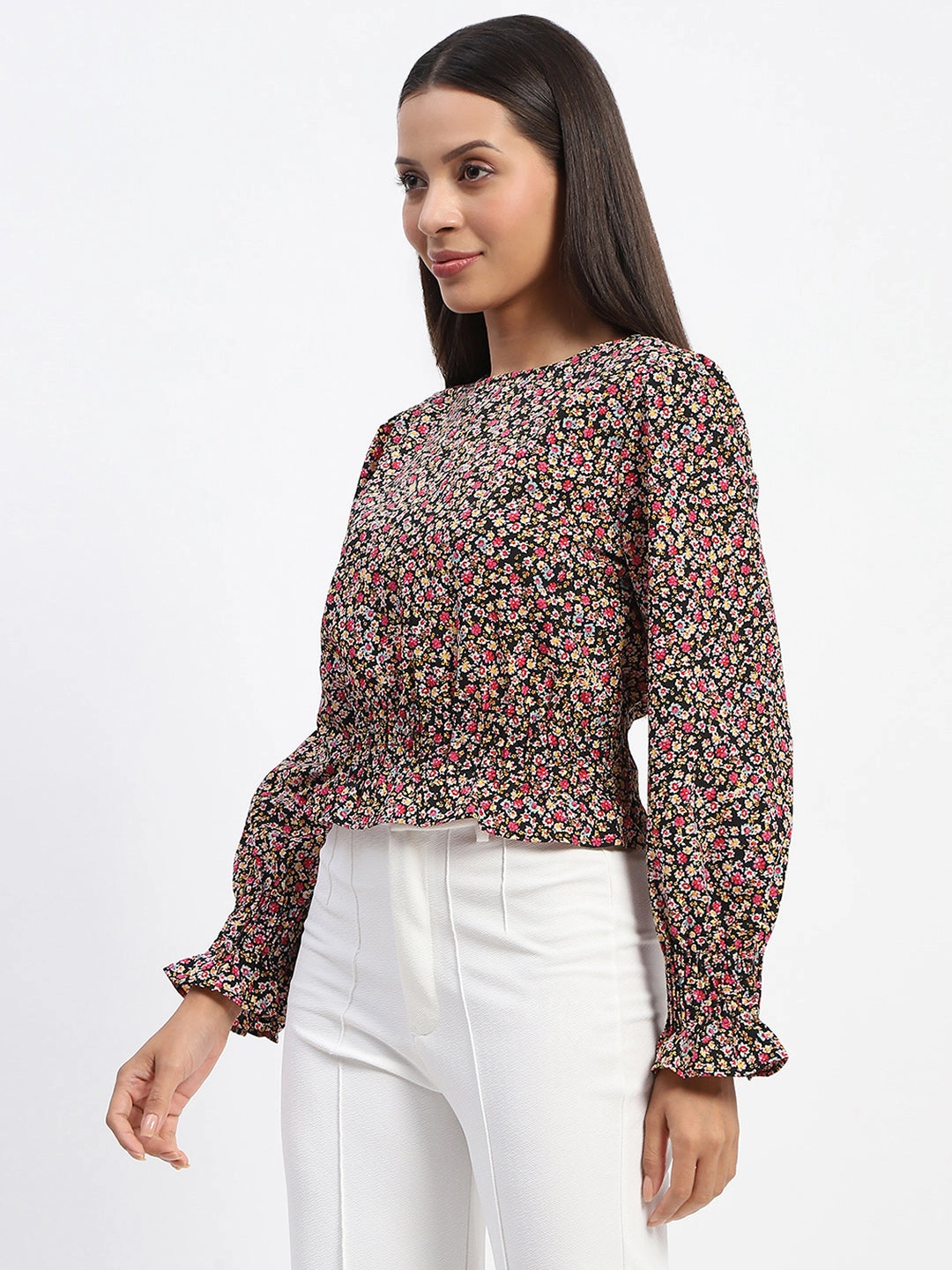 Madame Floral Print Cinch Waist Black Top Tunic top casual top