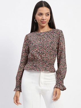 Quick Dry Performance Tapered Side Panels Madame Floral Print Cinch Waist Black Top