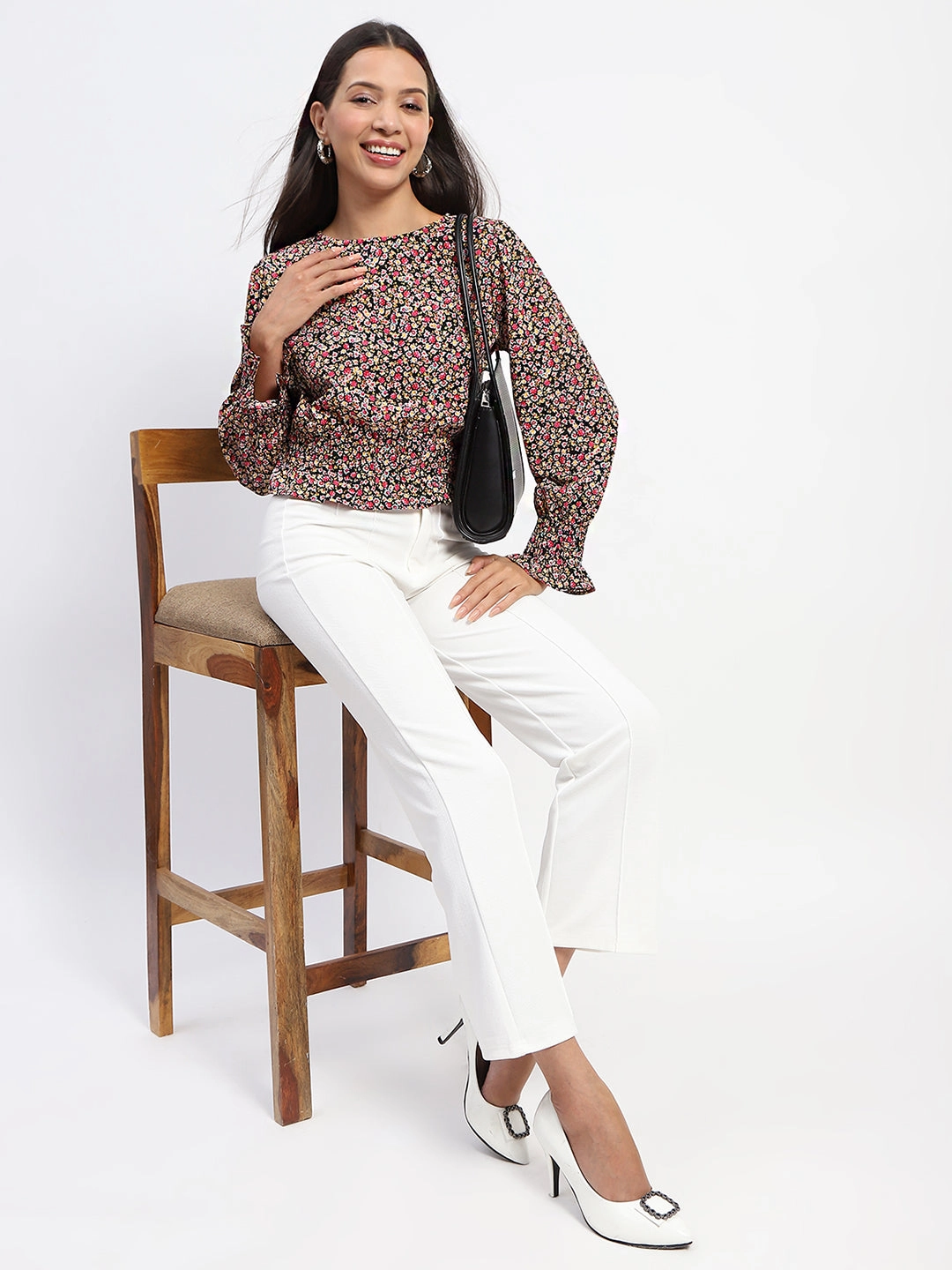 NonToxic Certification Madame Floral Print Cinch Waist Black Top