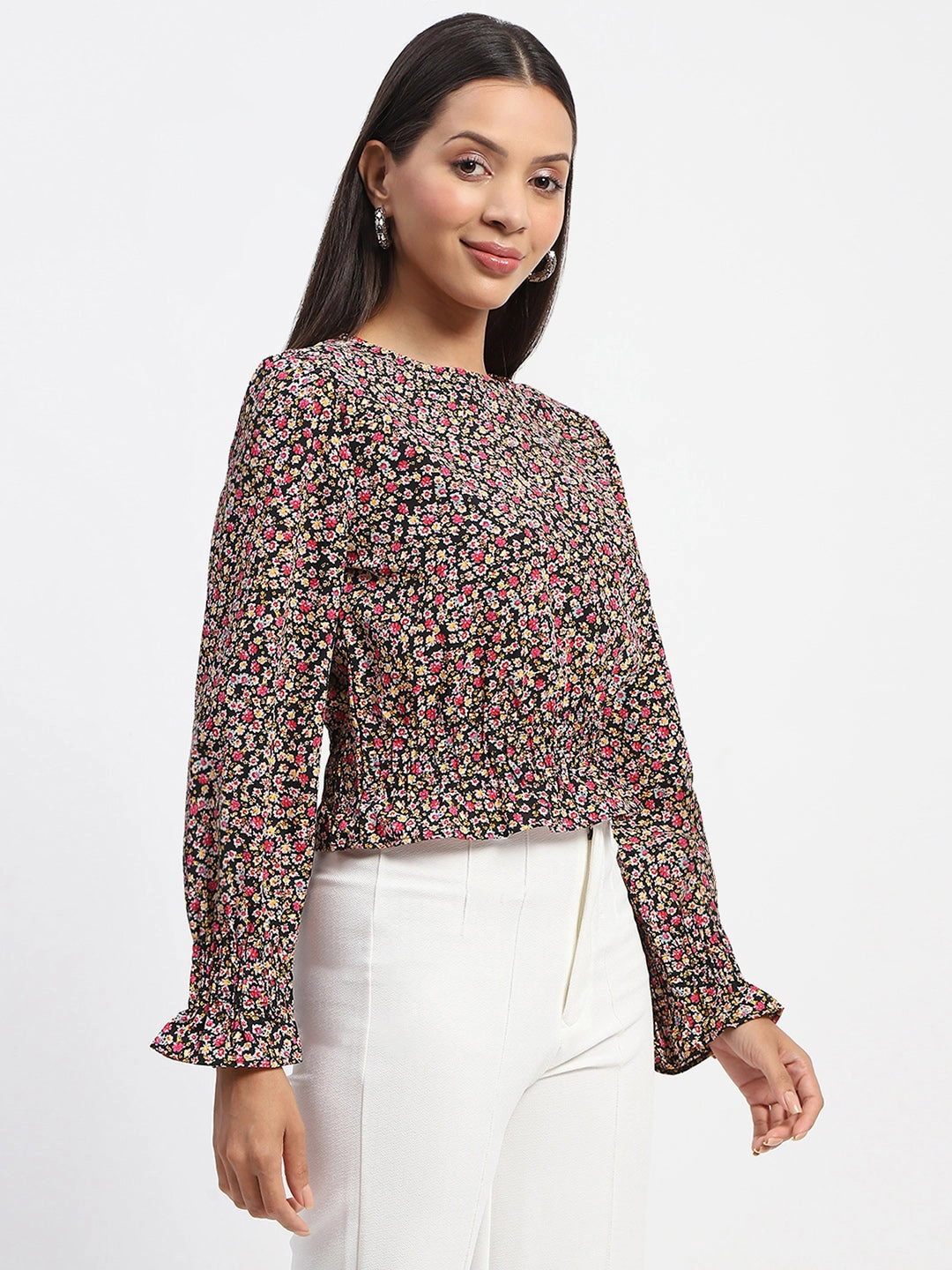 Non Restrictive Mobility Madame Floral Print Cinch Waist Black Top
