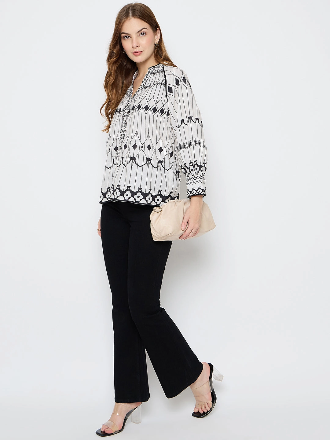 Retro design Madame Floral Print Cotton Blend Black Top