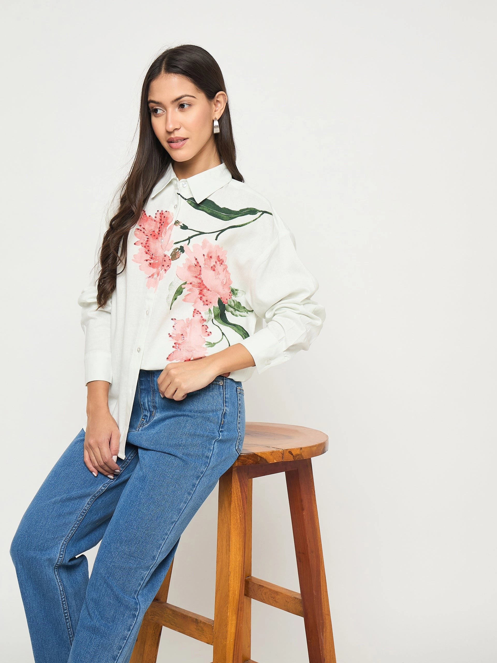 Madame Floral Print Light Green Viscose Blend Shirt Holiday Travel